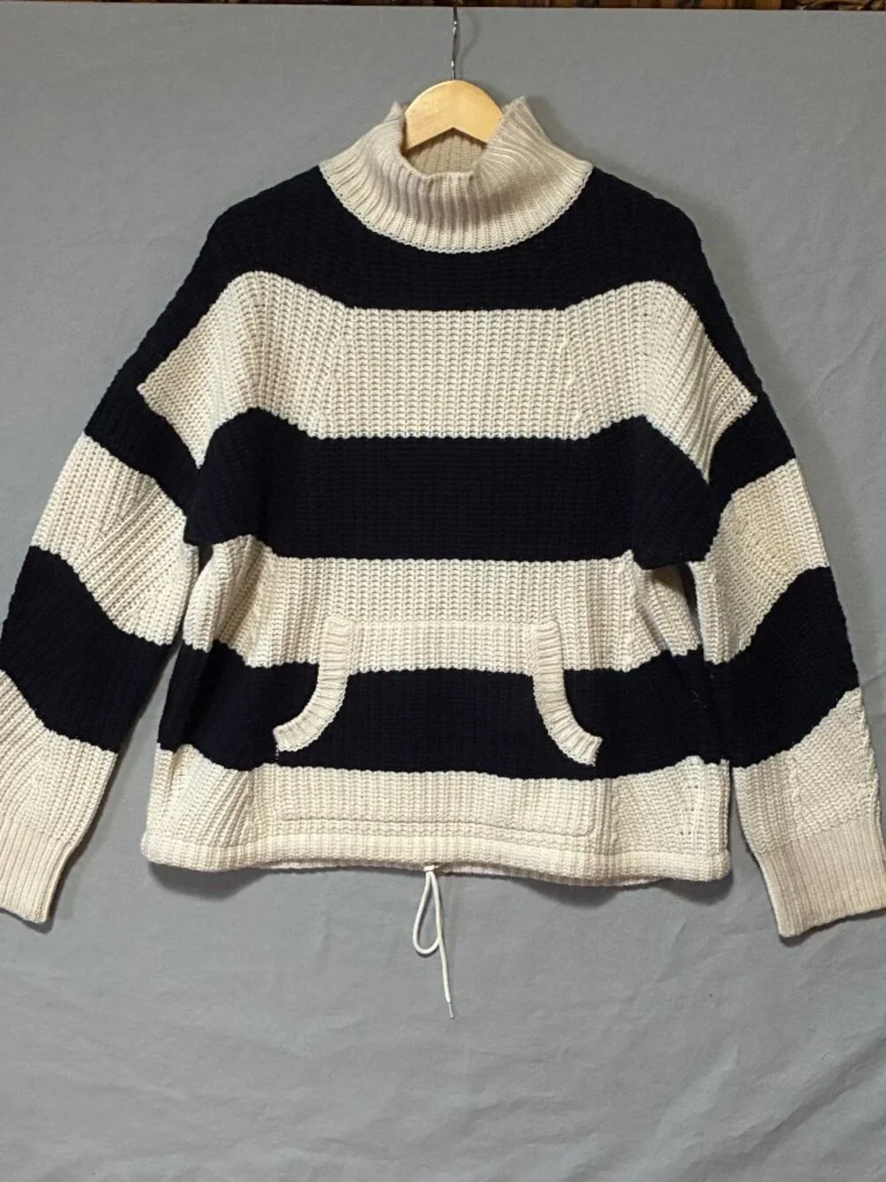 J. Crew Women's Heavy Turtleneck Sweater Pockets Ivory Navy Striped *XL* Preppy